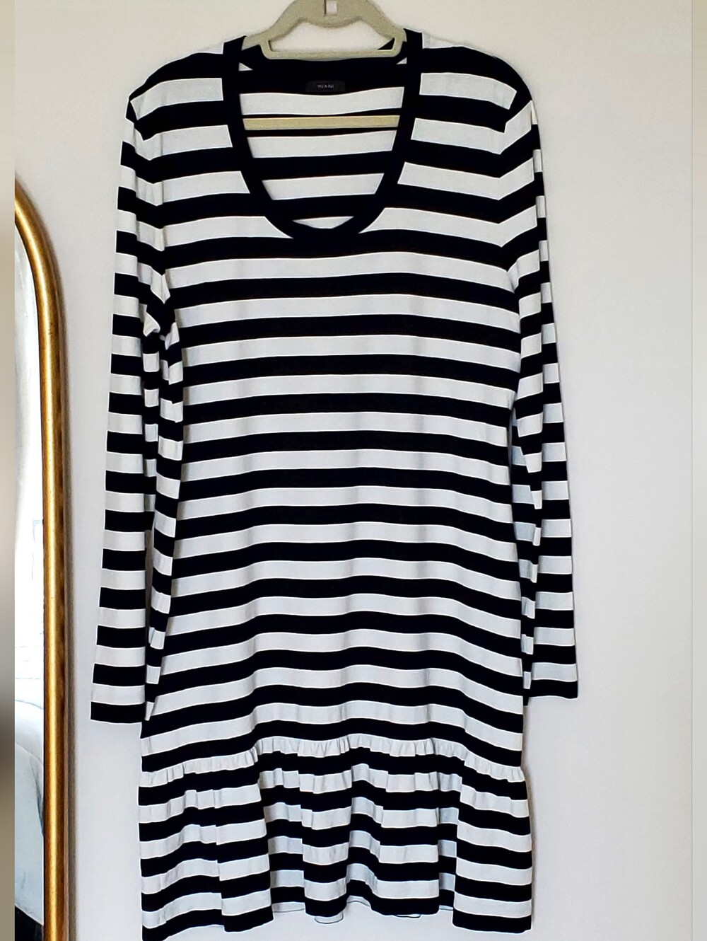 RIANI Black/White Stripe Scoop Neck Lg Sleeve  Ruffle Hem Stretch Knit Dress W14